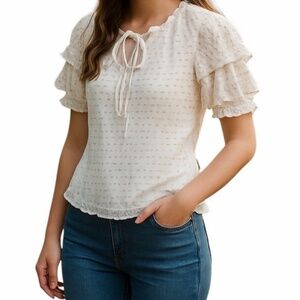 Flower &‎ Feather Dainty Swiss Dot Ruffle Collar Short Ruffle Sleeve White Tan M